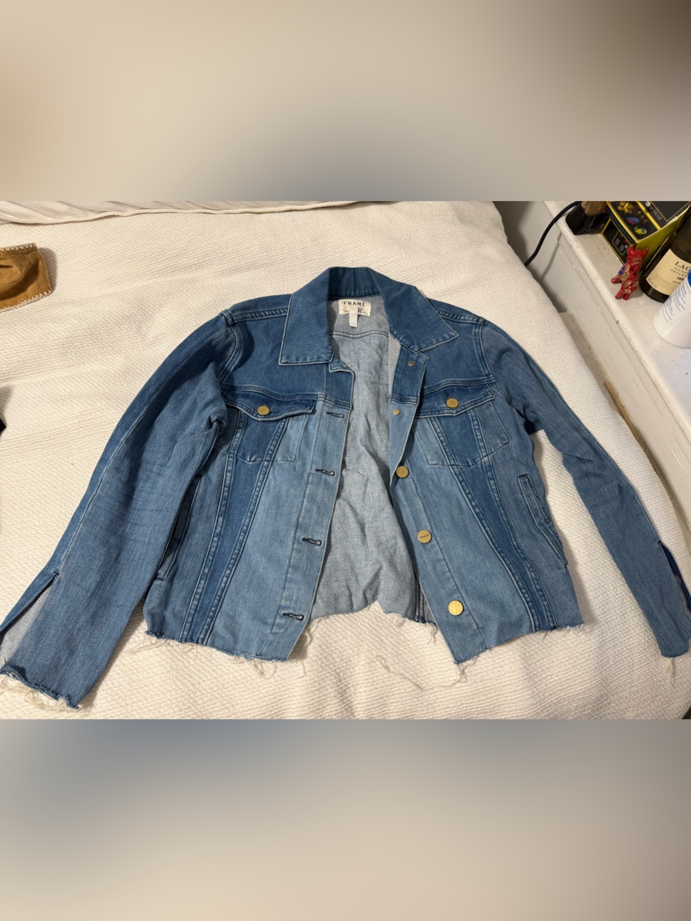 Frame Denim Light Blue Jean Jacket with Raw Hem